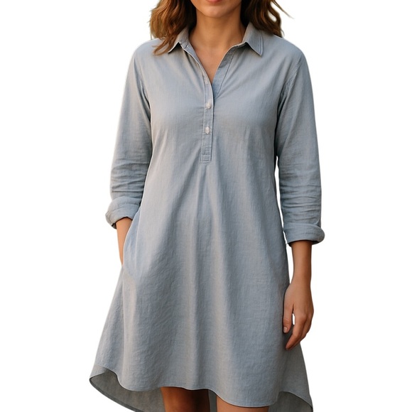 Garnet Hill Chambray Tunic Roll Tab Long Sleeve Dress, 10 - Picture 1 of 10